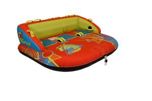 Angled front view of the Fun 3 tube in red with bold blue and yellow accents.