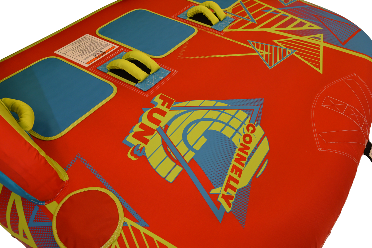 Close-up of the Fun 3 inflatable in red with yellow and blue accents.