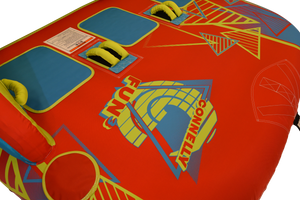 Close-up of the Fun 3 inflatable in red with yellow and blue accents.