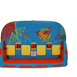 Top view of the Fun 4 tube in blue with red and yellow accents, grab handles, and back rest.