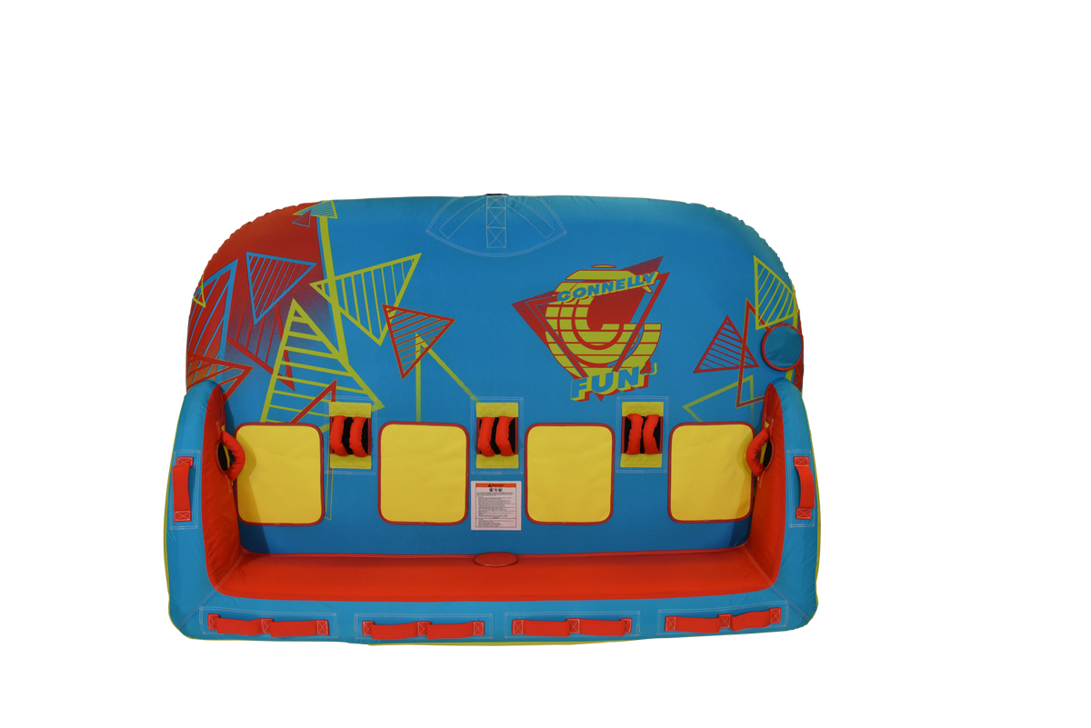 Top view of the Fun 4 tube in blue with red and yellow accents, grab handles, and back rest.