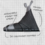 Labeled diagram of the Comp Front binding highlighting the adjustable front toe strap, contoured footbed, and tall overlay.