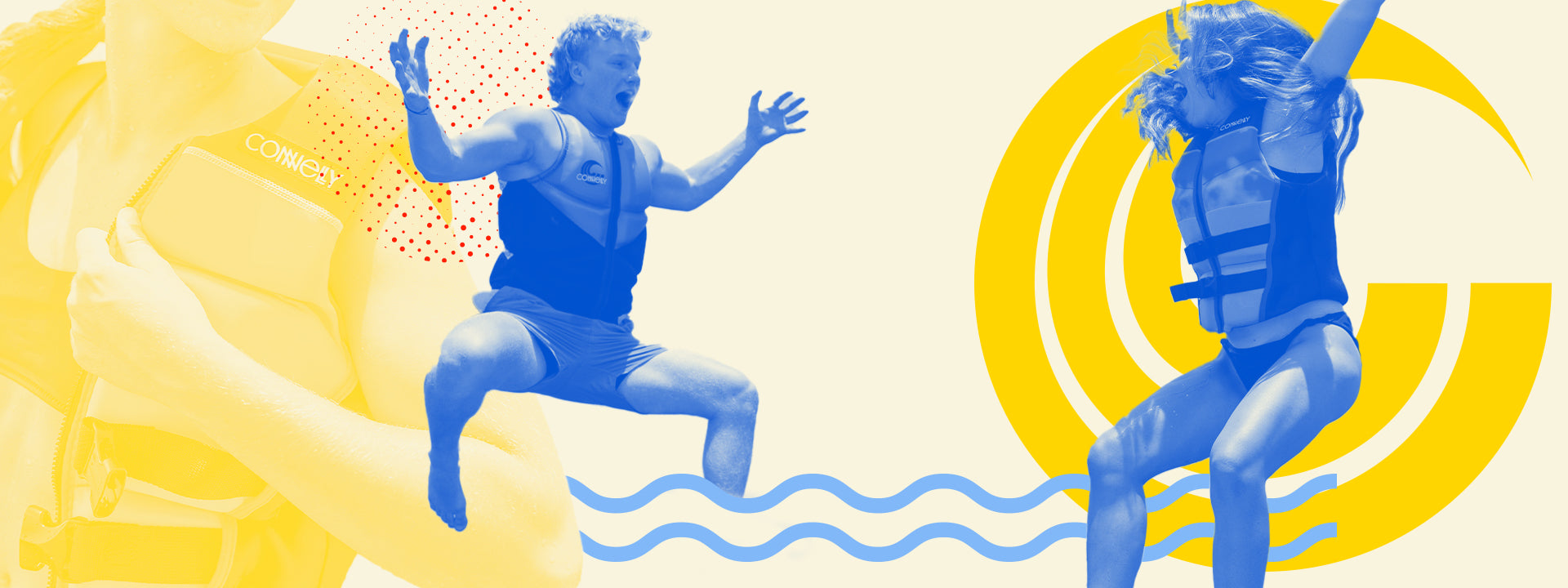 People in life jackets joyfully jumping, with stylized waves and yellow circle background.