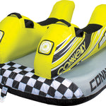Angled view of the Nitro 2 towable tube with two yellow motorcycle-style seats on a gray and checkered racing base.
