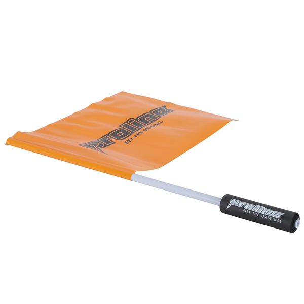 Angled view of the orange Skier Down Safety Flag with handle grip.
