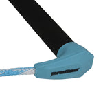 Close-up of blue handle end with Proline logo and braided blue-and-white rope attached.