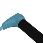 Close-up of blue handle connection showing smooth molded edge and black foam grip.