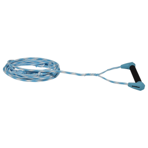 Angled view of blue Choice Handle with 25' Spectra Rope, shown coiled with black foam grip.
