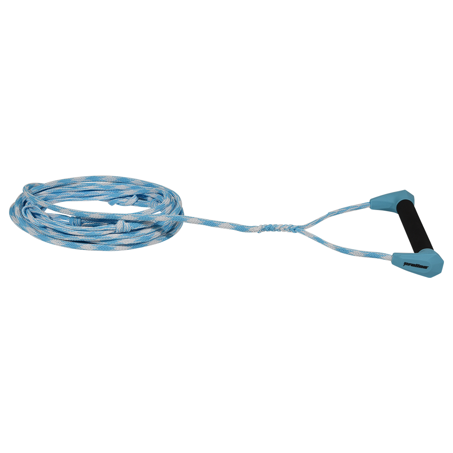 Angled view of blue Choice Handle with 25' Spectra Rope, shown coiled with black foam grip.