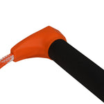 Close-up of orange handle connection showing smooth molded edge and black foam grip.
