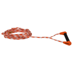 Angled view of orange Choice Handle with 25' Spectra Rope, shown coiled with black foam grip.