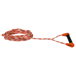 Angled view of orange Choice Handle with 25' Spectra Rope, shown coiled with black foam grip.