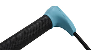 Close-up angled view of black textured grip and cyan end cap on Choice Handle.