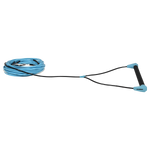 Angled view of Choice Handle with 75' Dyneema Rope in cyan, shown coiled with black handle.