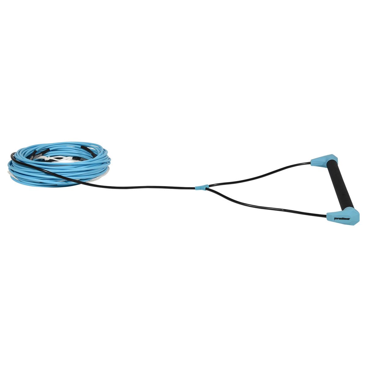 Angled view of Choice Handle with 75' Dyneema Rope in cyan, shown coiled with black handle.