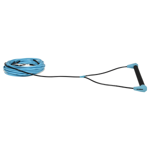 Angled view of Choice Handle with 75' Dyneema Rope in cyan, shown coiled with black handle.