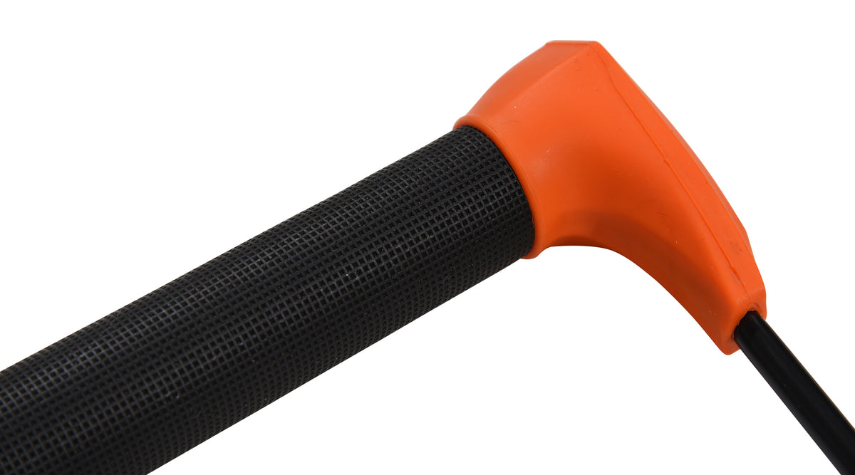 Close-up angled view of black textured grip and orange end cap on Choice Handle.