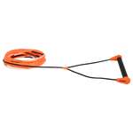 Angled view of Choice Handle with 75' Dyneema Rope in orange, shown coiled with black handle.