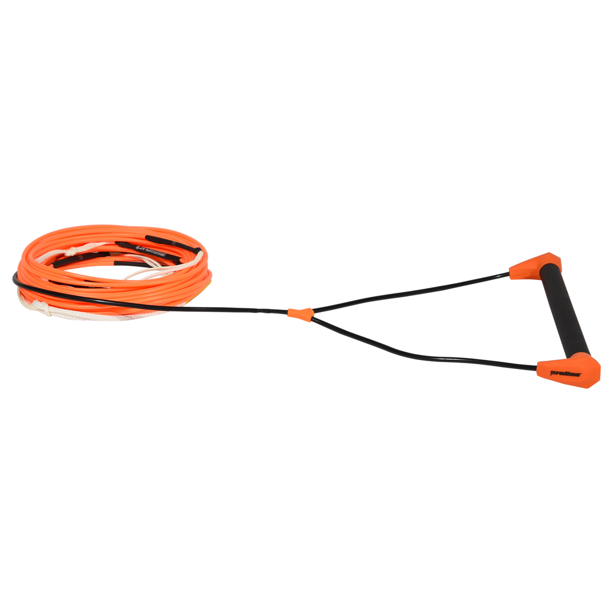 Angled view of Choice Handle with 75' Dyneema Rope in orange, shown coiled with black handle.