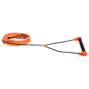 Angled view of Choice Handle with 75' Dyneema Rope in orange, shown coiled with black handle.