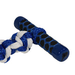 Close-up of blue handle end with black grip pattern and small logo on end cap.