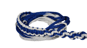 Close-up of coiled blue and white Poly-E Rope showing braided texture and looped strands.