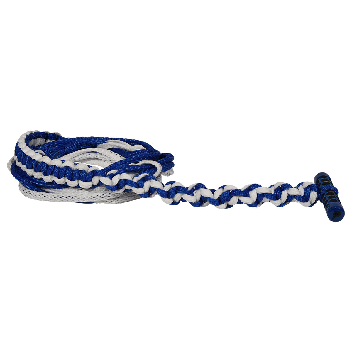 Angled view of blue Classic Handle with 20' Poly-E Rope, shown coiled with black textured grip.