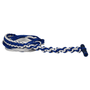 Angled view of blue Classic Handle with 20' Poly-E Rope, shown coiled with black textured grip.