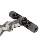 Close-up of grey handle end with black grip pattern and small logo on end cap.