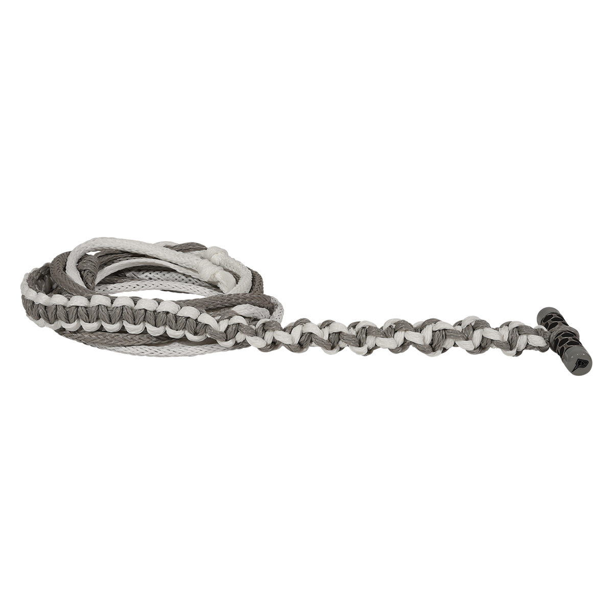 Angled view of grey Classic Handle with 20' Poly-E Rope, shown coiled with black textured grip.