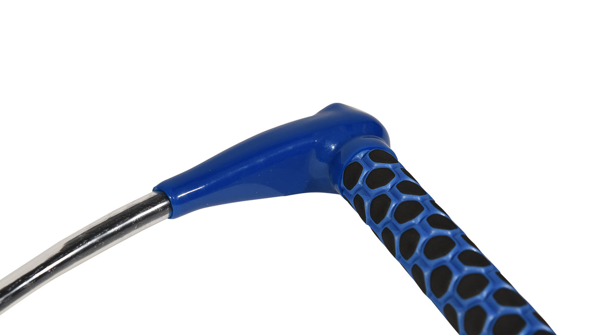 Close-up of blue handle connection showing smooth finish and black-and-blue textured grip.