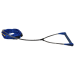 Angled view of blue Classic Handle with 65' Poly-E Rope, shown coiled with black handle grip.