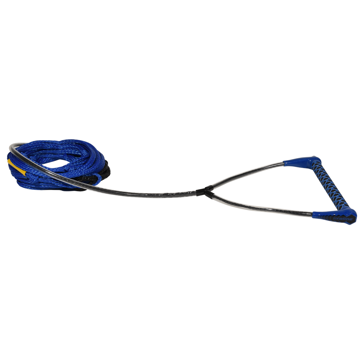 Angled view of blue Classic Handle with 65' Poly-E Rope, shown coiled with black handle grip.