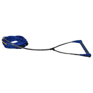 Angled view of blue Classic Handle with 65' Poly-E Rope, shown coiled with black handle grip.