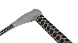 Close-up of grey handle connection showing smooth finish and black-and-grey textured grip.