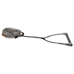 Angled view of grey Classic Handle with 65' Poly-E Rope, shown coiled with black handle grip.