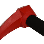 Close-up of red handle connection showing angular design and soft black foam grip.