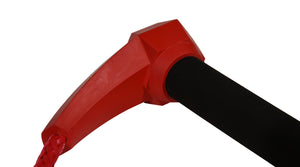 Close-up of red handle connection showing angular design and soft black foam grip.