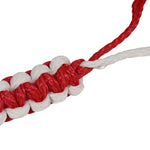 Close-up of red and white braided Poly-E Rope showing interwoven strands and looped end.