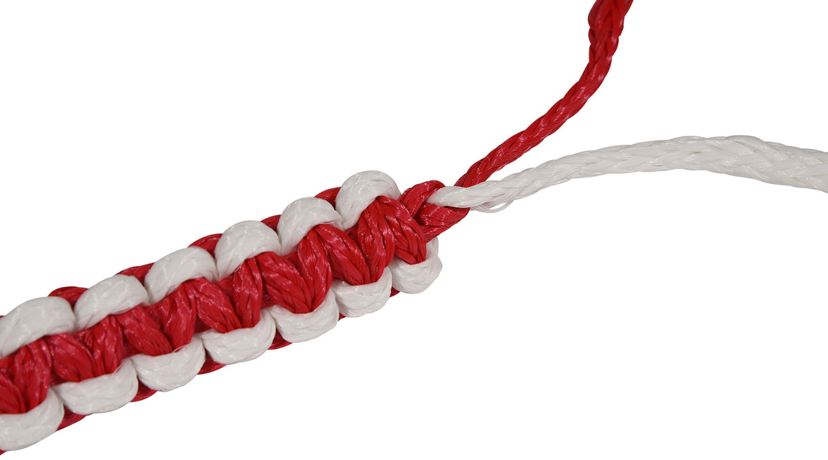 Close-up of red and white braided Poly-E Rope showing interwoven strands and looped end.