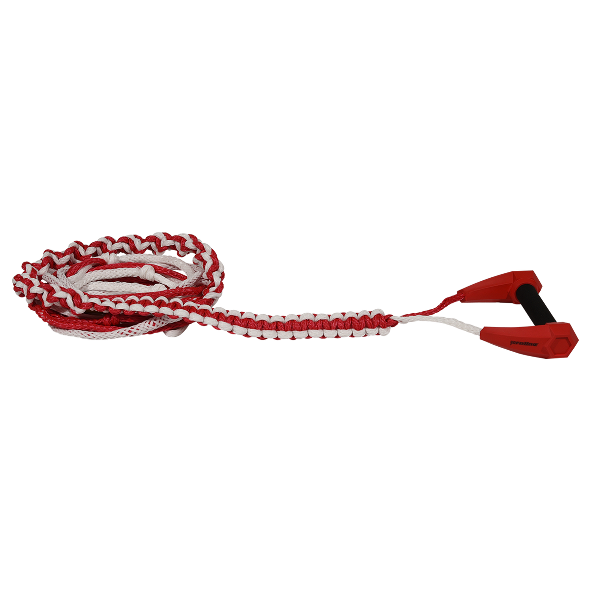 Angled view of red Torq Handle with 25' Poly-E Rope, shown coiled with black foam grip.
