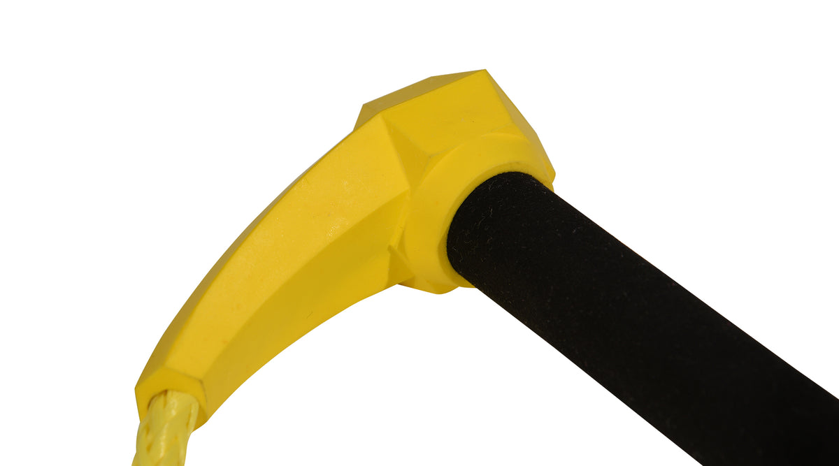Close-up of yellow handle connection showing angular design and soft black foam grip.