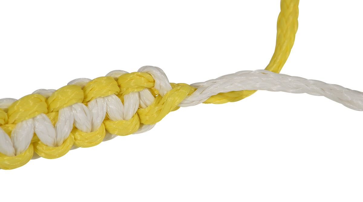 Close-up of yellow and white braided Poly-E Rope showing interwoven strands and looped end.