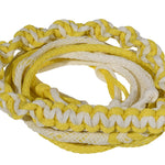 Close-up of coiled yellow and white Poly-E Rope showing braided pattern and smooth texture.