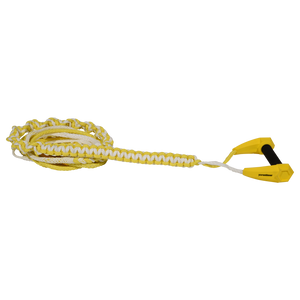 Angled view of yellow Torq Handle with 25' Poly-E Rope, shown coiled with black foam grip.