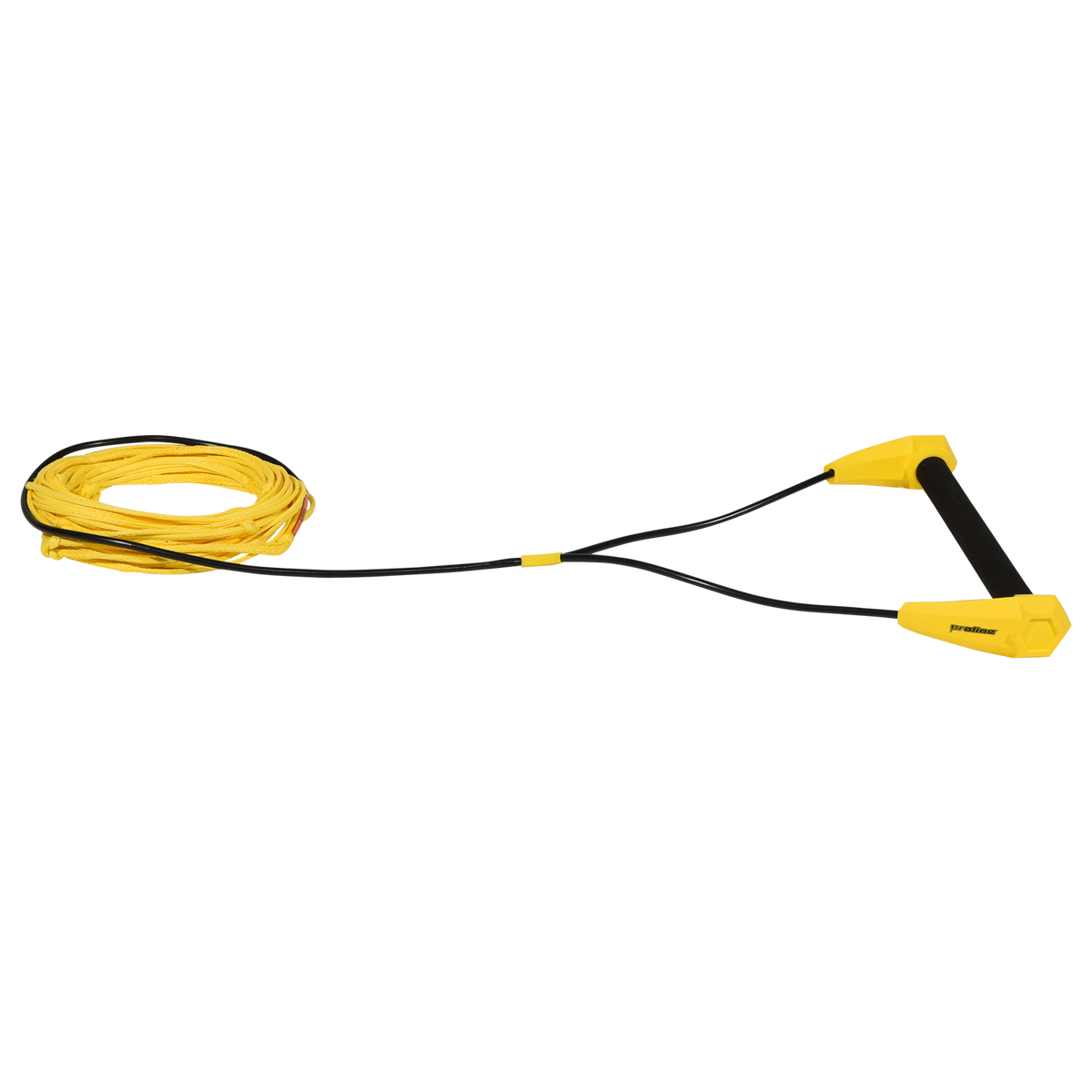 Angled view of Torq Handle with 65' Spectra Rope in yellow, shown coiled with yellow and black handle.