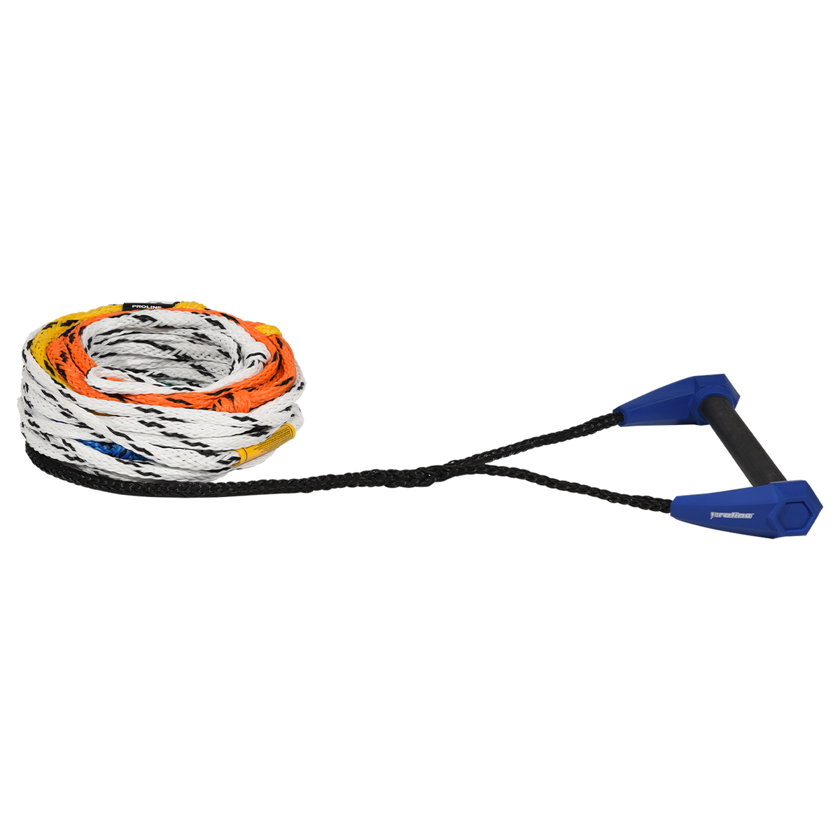 Torq Course Slalom Handle with 8-Section Mainline shown coiled with blue handle and multicolor rope.