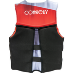 Back view of the Pure life vest, showing a red upper panel, black lower section, and vertical stretch panel for flexibility.