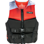 Front view of the Pure life vest, featuring a red, black, and gray design, zippered front, and two adjustable black buckles.