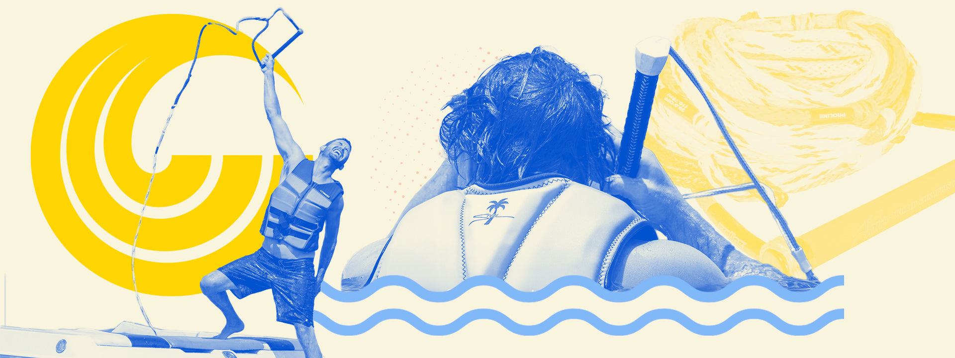 Stylized image of two people with tow ropes, one celebrating on a boat and another gripping a handle, with a bold background.